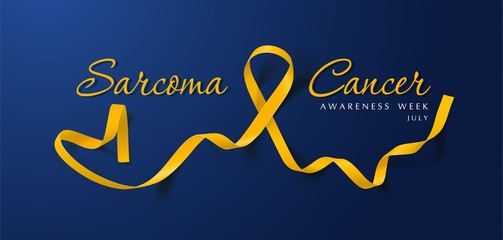 Sarcoma and Bone Cancer Awareness Calligraphy Poster Design. Realistic Yellow Ribbon. July is Cancer Awareness Month. Vector