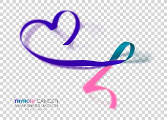 Thyroid Cancer Awareness Month. Teal and Pink and Blue Color Ribbon Isolated On Transparent Background. Vector Design Template For Poster.