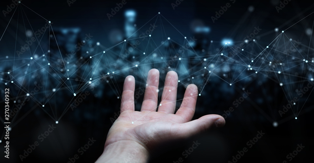 Fototapete businessman using floating digital network connections with dots and lines 3d rendering