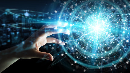 Businessman hand creating renewable and sustainable eco energy with electrical sphere 3D rendering