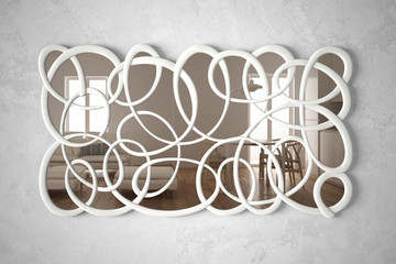 Fototapeta na wymiar Modern twisted shape mirror hanging on the wall reflecting interior design scene, bright living room with armchair, minimalist white architecture, architect designer concept idea