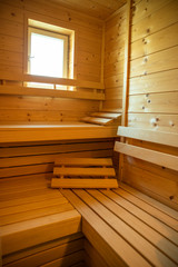 Fototapeta na wymiar Interior of Finnish sauna, classic wooden sauna