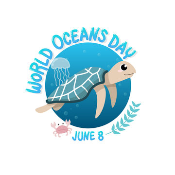 vector of logo for world ocean day with turtle swim in the sea with jellyfish and crab in circle.  world ocean day on June 8 for celebration dedicated to help protect, and conserve world oceans, water