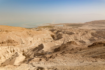 view on the dead sea from judean desert mountains