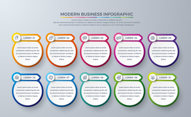 Infographic design with 10 process choices or steps. Design elements for your business such as reports, leaflets, brochures, workflows and more. Infographic design with modern colors and simple icons.