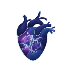 Thunderstorm inside a blue heart. Vector illustration on white background.