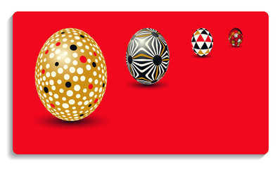 card with easter decorated easter eggs standing up in red gold shades