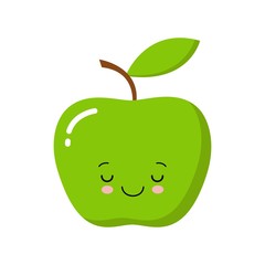Cute Kawaii Green apple with leaf isolated on white background. Vector illustration.