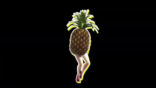 Seamless young animation of cartoon style walking pineapple with halftone effect . Stop motion surreal art background isolated with alpha channel.