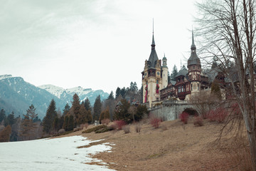 Peles Castle. Neo-Renaissance castle in the Carpathian Mountains, near Sinaia, in Prahova County, Romania look from the garden