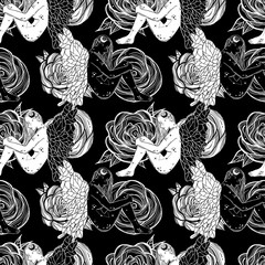 Seamless pattern with magic elf and roses. Tattoo art style. Thumbelina motifs.