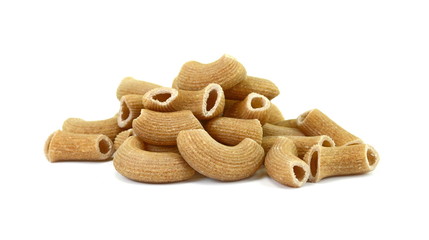 Rustic rigatoni pasta isolated on white background. Maccheroni integrals pasta. Wholemeal Pasta. Close-up on a Integral Penne.