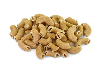Rustic rigatoni pasta isolated on white background. Maccheroni integrals pasta. Wholemeal Pasta. Close-up on a Integral Penne.
