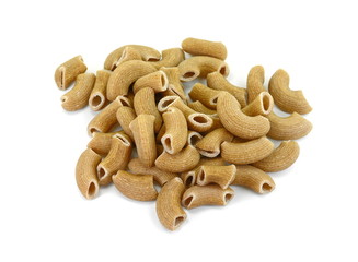 Rustic rigatoni pasta isolated on white background. Maccheroni integrals pasta. Wholemeal Pasta. Close-up on a Integral Penne.