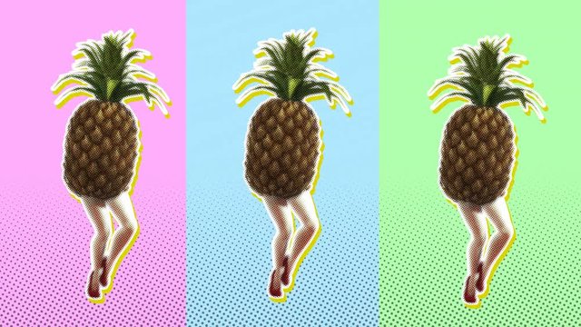 Seamless young animation of cartoon style walking pineapple with halftone effect . Stop motion surreal art with pastel colors background.