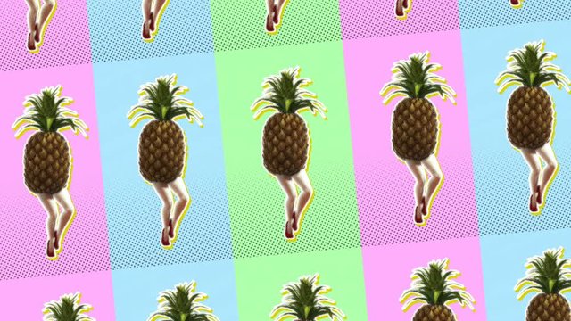 Seamless young animation of cartoon style walking pineapple with halftone effect . Stop motion surreal art with pastel colors background.