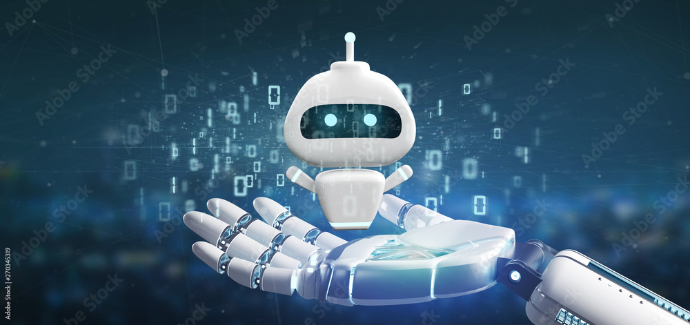 Poster cyborg hand holding chatbot with binary code 3d rendering