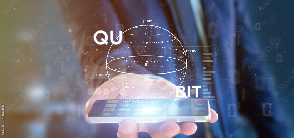 Poster businessman holding quantum computing concept with qubit icon 3d rendering