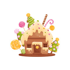 Gingerbread house with new year decoration. Vector illustration on white background.