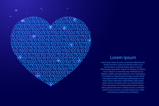 Heart icon symbol of love abstract schematic from blue ones and zeros binary digital code with space stars for banner, poster, greeting card. Vector illustration.
