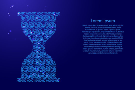 Hourglass icon abstract schematic from blue ones and zeros binary digital code with space stars for banner, poster, greeting card. Vector illustration.