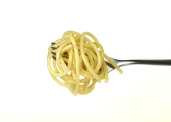 Boiled spaghetti on white background
