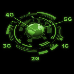 Mobile telecommunication network concept with circular HUD element against a black background