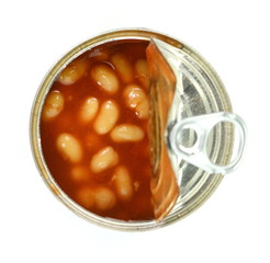 Tinnes beans top view on white. Open can of beans on a white background. Baked Beans - Baked beans in tomato sauce.