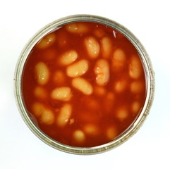 Tinnes beans top view on white. Open can of beans on a white background. Baked Beans - Baked beans in tomato sauce.