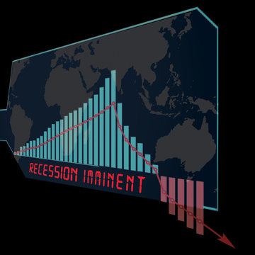 Global recession concept with a world map backdrop on a black background