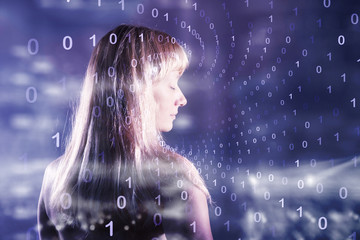 Woman with cyberspace binary numbers network