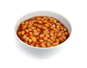 Baked Beans - Bowl of baked beans in tomato sauce isolated on a white background. 