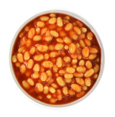 Tinnes beans top view on white. Open can of beans on a white background. Baked Beans - Baked beans in tomato sauce.