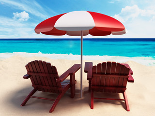 Umbrella and two sunbeds standing on the beach by the seashore. 3D illustration