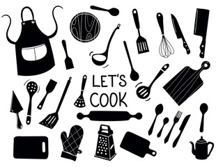 Lets Cook - Kitchen silhouette doodle vector icon set