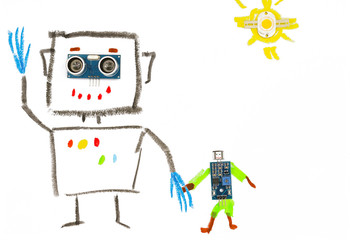 Electronic control modules as part of a picture with funny robots.  LED lamp plays the role of the sun.  Drawn with wax crayons.  Isolated