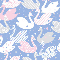 Cute cartoon stylized swans. Seamless colored vector pattern on a background with dots and hearts.