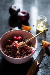 Breakfast with granola, cherry and honey.healthy breakfast Proper nutrition.