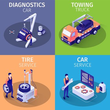 Set of Isometric Cards with Services in Car Garage