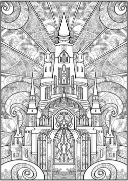 Coloring for adults , a huge Gothic castle with towers and Windows, painted with many small details
