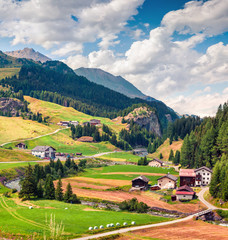 Fototapeta na wymiar Colorful rural landscape in the Swiss Alps. Beautiful summer view of Switzerland, Europe. Beauty of nature concept background. Artistic style post processed photo.