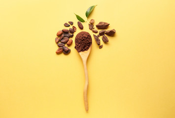 Spoon with cocoa powder, beans and chocolate on color background
