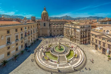 Crédence en verre imprimé Palerme Vue sur la Piazza Pretoria baroque et la fontaine prétorienne à Palerme, Sicile, Italie.