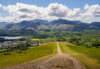 View of Keswick and Derwentwater from the top of Latrigg fell, Keswick, Cumbria, UK