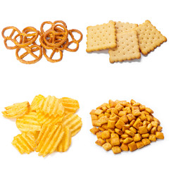 Salty snacks. Pretzels, chips, crackers collage