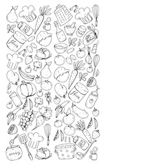 Healthy food and cooking. Fruits, vegetables, household. Doodle vector set.