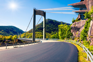 Typical Norwegian view of the bridge across the fjord. Colorful summer morning in the Norway....