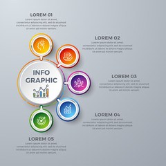 Infographic design with 5 process choices or steps. Design elements for your business such as reports, leaflets, brochures, workflows and more. Infographic design with modern colors and simple icons.