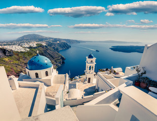 Great aerial view of Santorini island. Picturesque spring scene of the  famous Greek resort Fira,...