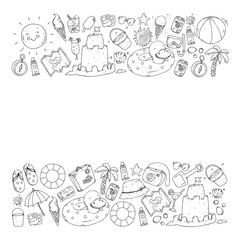 Vector seamless pattern with travel and beach icons.